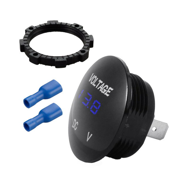 Rekcharge 12V voltmeter socket in an angled front view beside a mounting nut and two blue terminals.
