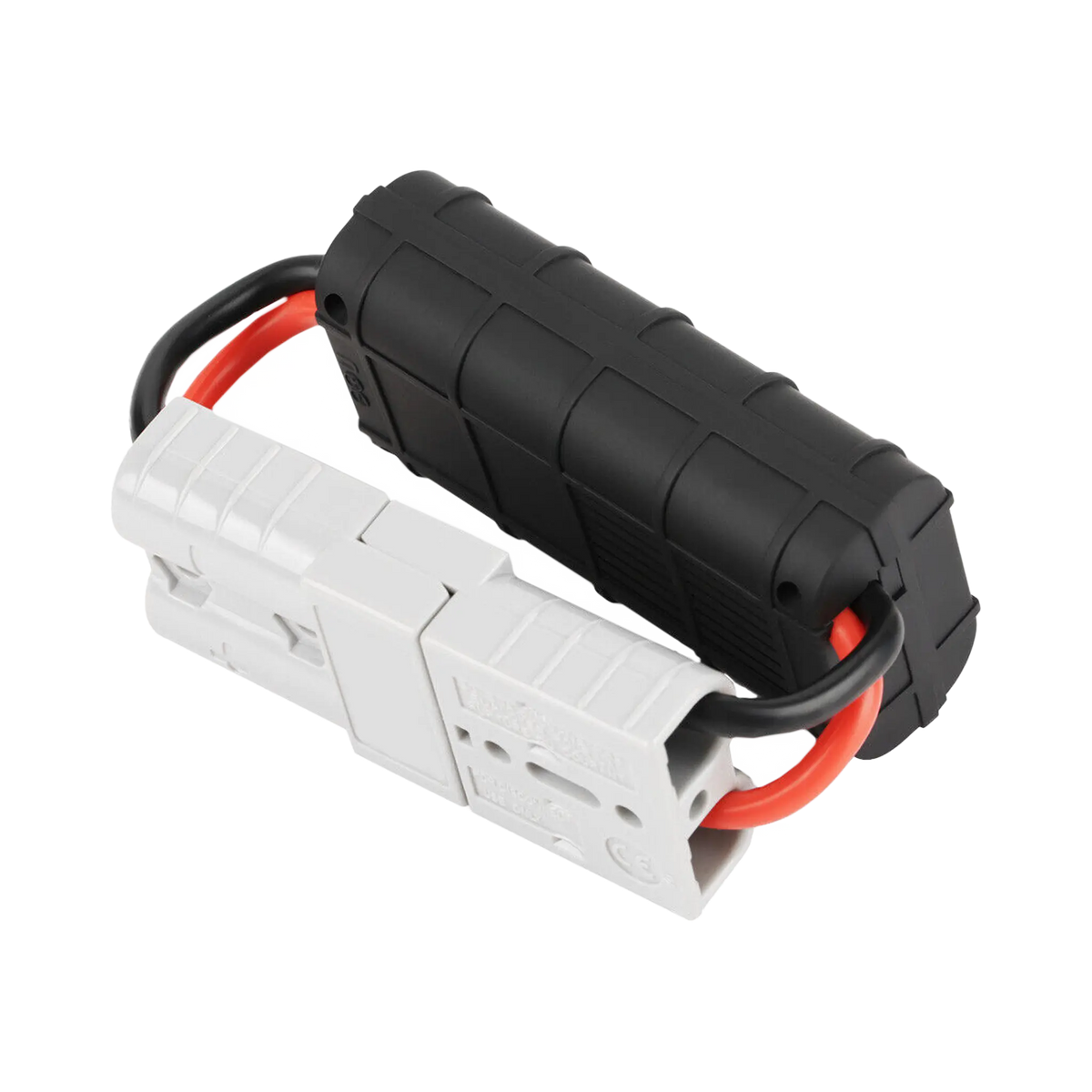 Rekcharge 130A amp meter rear view with its black case and connected grey Anderson plugs.