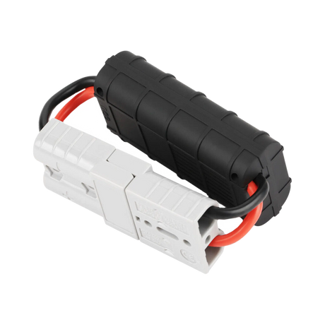 Rekcharge 130A amp meter rear view with its black case and connected grey Anderson plugs.