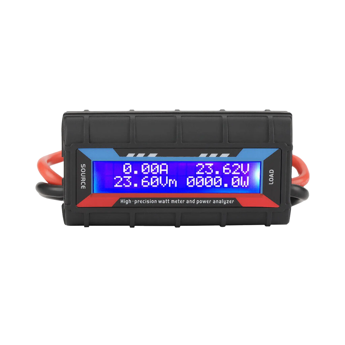 Rekcharge 130A amp meter front view with a blue illuminated display inside a black ribbed case.
