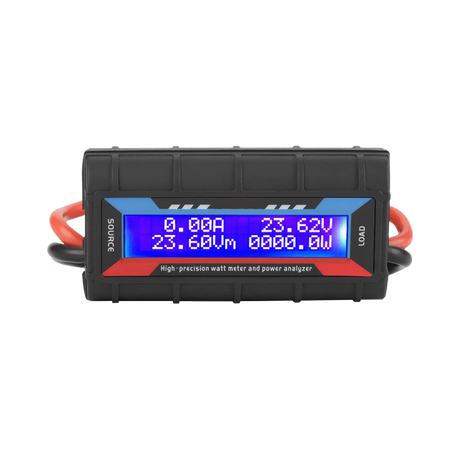 Rekcharge 130A amp meter front view with a blue illuminated display inside a black ribbed case.