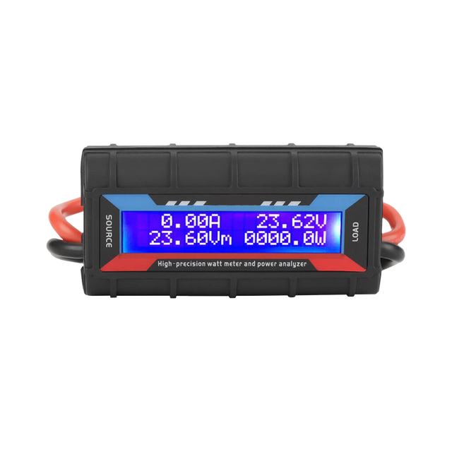 Rekcharge 130A amp meter front view with a blue illuminated display inside a black ribbed case.