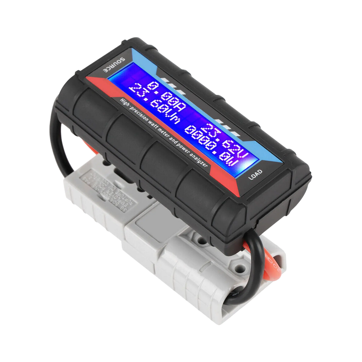 Rekcharge 130A amp meter in an angled view with its blue display and grey Anderson plugs visible.