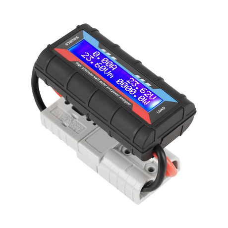 Rekcharge 130A amp meter in an angled view with its blue display and grey Anderson plugs visible.
