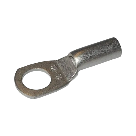 Rekcharge 16mm battery cable lug with a 10mm hole, angled to show its crimp barrel and stamped size.