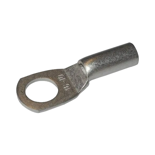 Rekcharge 16mm battery cable lug with a 10mm hole, angled to show its crimp barrel and stamped size.