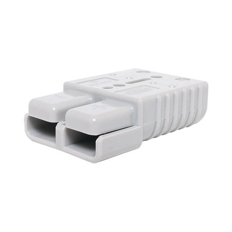 Rekcharge grey 175A Anderson plug in a front right close up with two openings and a ribbed housing.