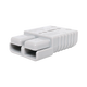 Rekcharge grey 175A Anderson plug in a front right close up with two openings and a ribbed housing.