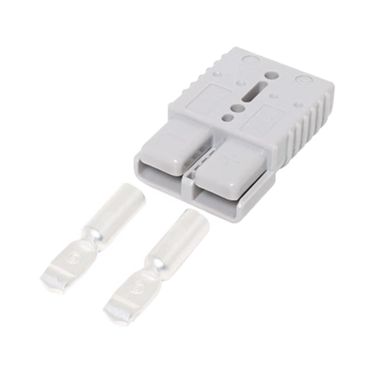Rekcharge grey 175A Anderson plug housing with two loose metal contacts laid out in front.