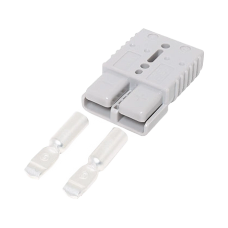 Rekcharge grey 175A Anderson plug housing with two loose metal contacts laid out in front.