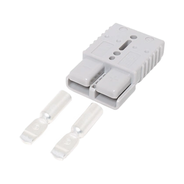 Rekcharge grey 175A Anderson plug housing with two loose metal contacts laid out in front.