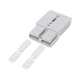 Rekcharge grey 175A Anderson plug housing with two loose metal contacts laid out in front.
