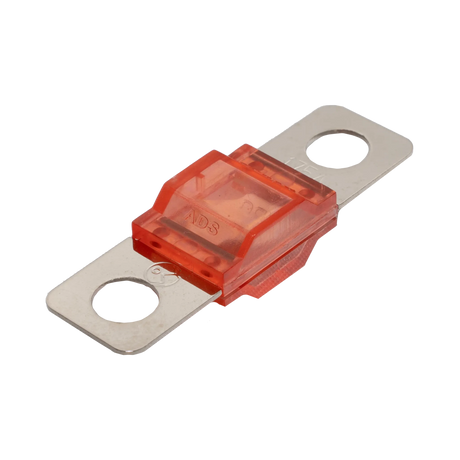 Rekcharge 175A Midi fuse angled view with transparent red housing and two silver mounting tabs.
