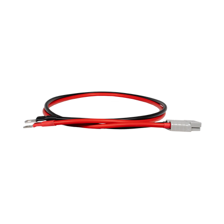 Rekcharge 1m 8 B&S battery cable side view with coiled leads, a grey Anderson plug and ring terminals.