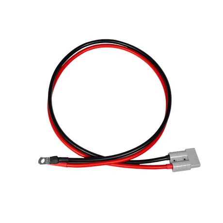 Rekcharge 1m 8 B&S battery cable with a grey Anderson plug and positive and negative leads terminated with ring terminals.