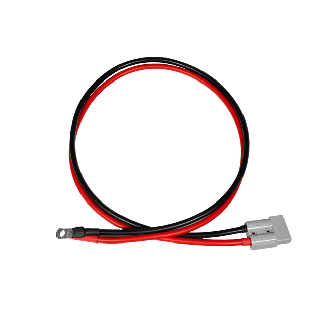 Rekcharge 1m 8 B&S battery cable with a grey Anderson plug and positive and negative leads terminated with ring terminals.