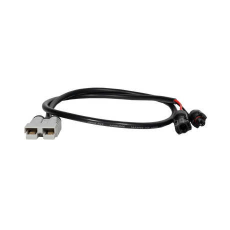 Rekcharge 1m MC4 to 50A Anderson solar cable in a low front view with its coiled cable and connector openings visible.
