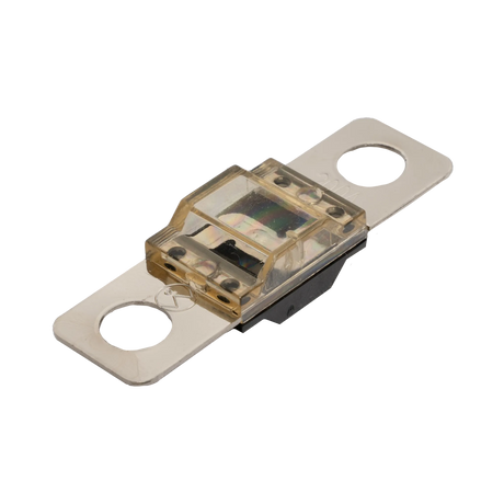 Rekcharge 200A Midi fuse angled view with transparent amber housing and two silver mounting tabs.