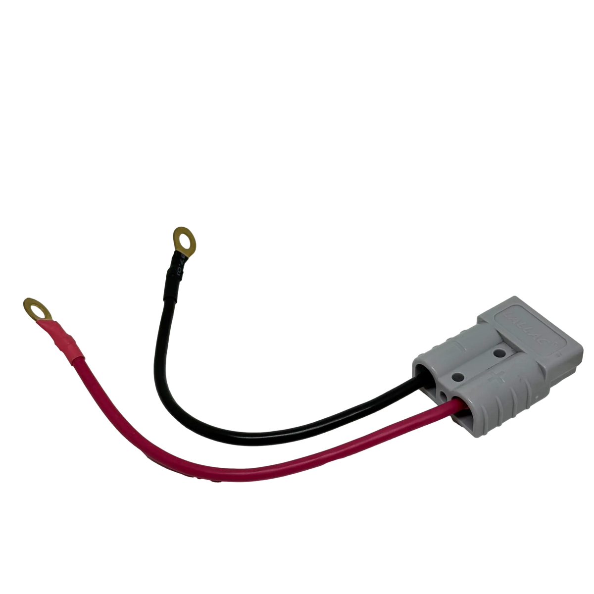 Rekcharge 20cm Anderson to round lug adaptor rear view with grey connector and two ring terminals.