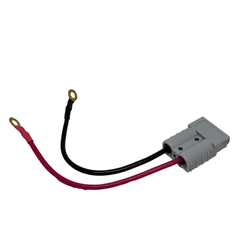 Rekcharge 20cm Anderson to round lug adaptor rear view with grey connector and two ring terminals.