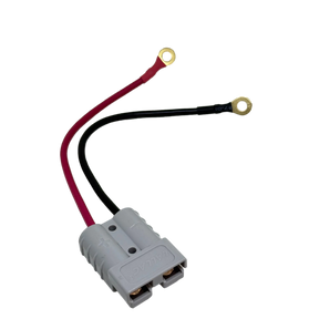 Rekcharge 20cm Anderson to round lug adaptor front view with grey connector and red and black leads.