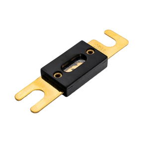 Rekcharge 250A ANL fuse in an angled view with gold fork terminals and black centre housing.