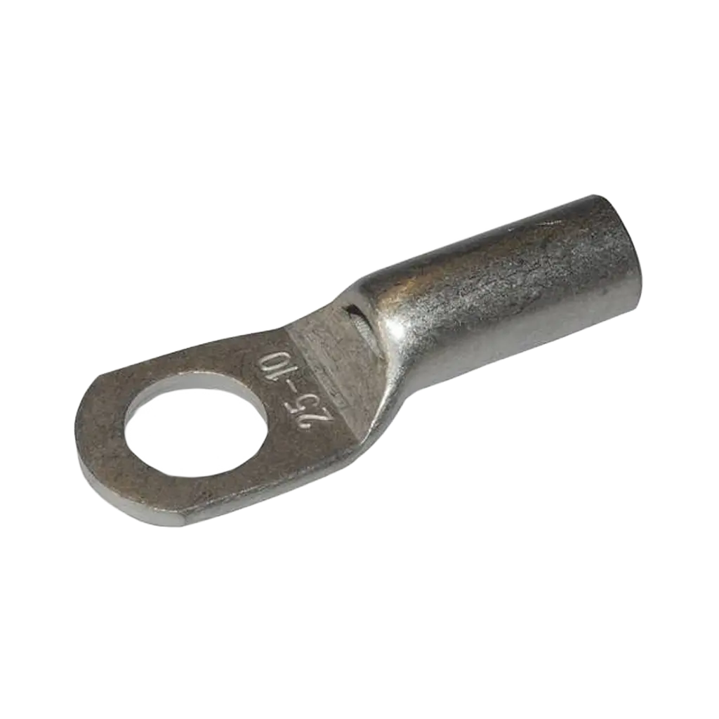 Rekcharge 25mm battery cable lug with a 10mm hole, angled to show its crimp barrel and stamped size.