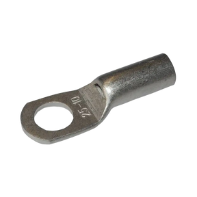 Rekcharge 25mm battery cable lug with a 10mm hole, angled to show its crimp barrel and stamped size.