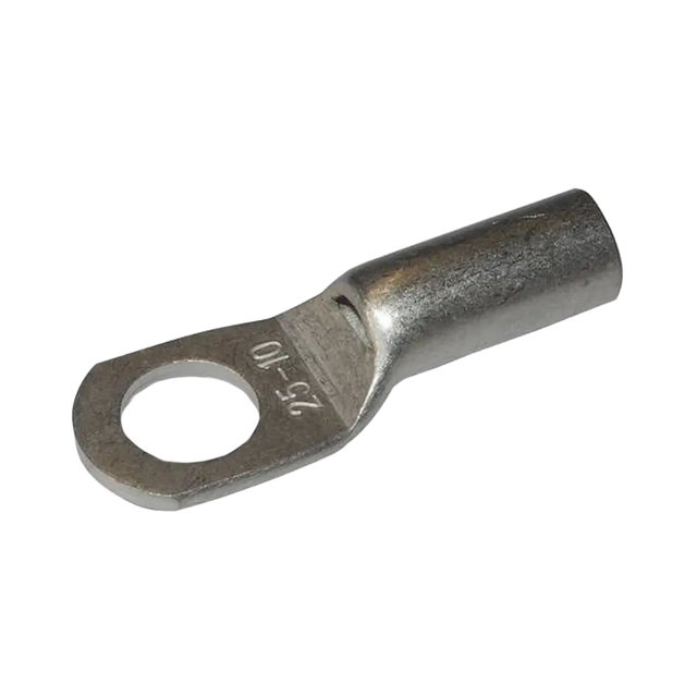 Rekcharge 25mm battery cable lug with a 10mm hole, angled to show its crimp barrel and stamped size.