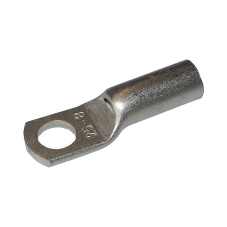 Rekcharge 25mm battery cable lug with an 8mm hole, angled to show its crimp barrel and stamped size.