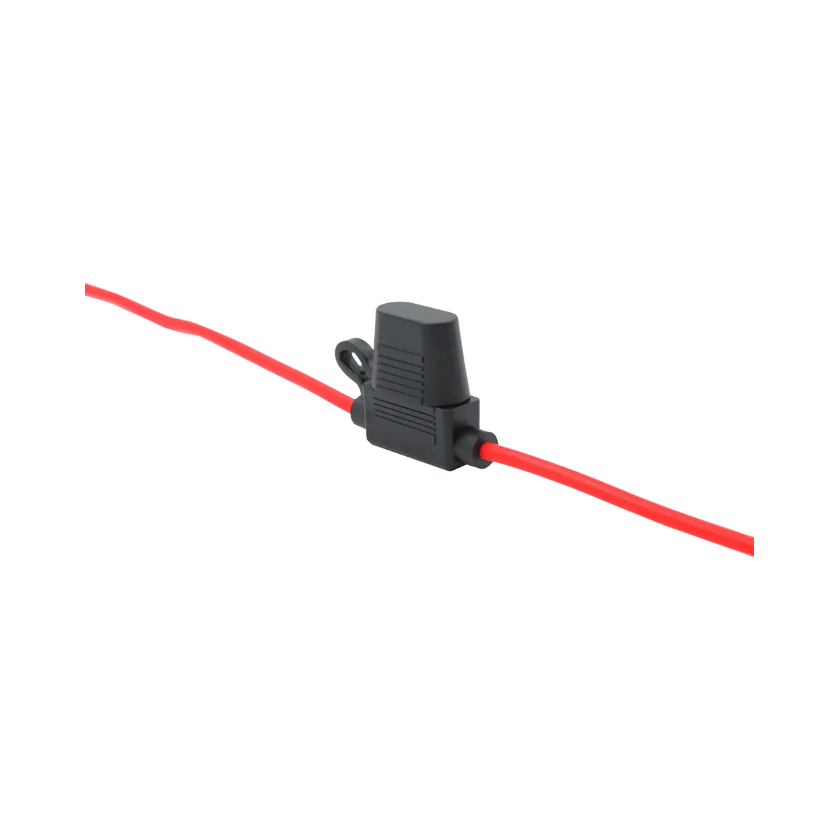 Rekcharge 30A inline standard blade fuse holder in an angled view with the protective cap closed.