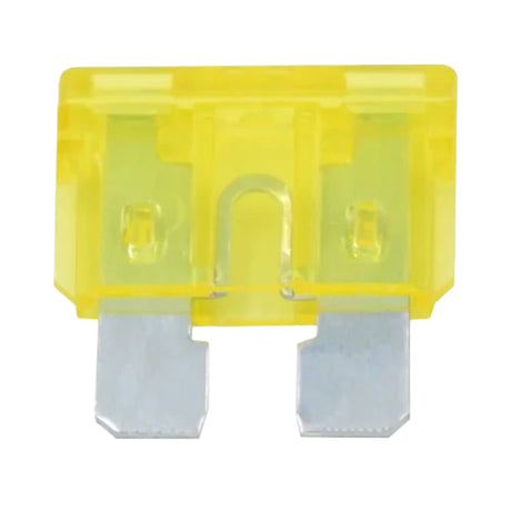 Rekcharge standard blade fuse close up with a translucent yellow body and two metal contacts.