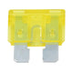 Rekcharge standard blade fuse close up with a translucent yellow body and two metal contacts.