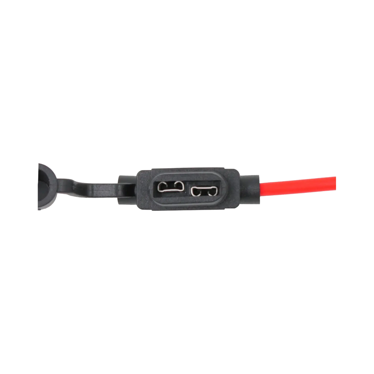 Rekcharge 30A inline standard blade fuse holder top view with the cap open and empty metal contacts visible.