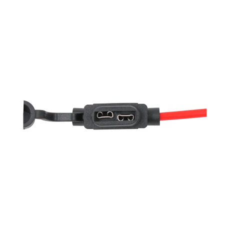 Rekcharge 30A inline standard blade fuse holder top view with the cap open and empty metal contacts visible.