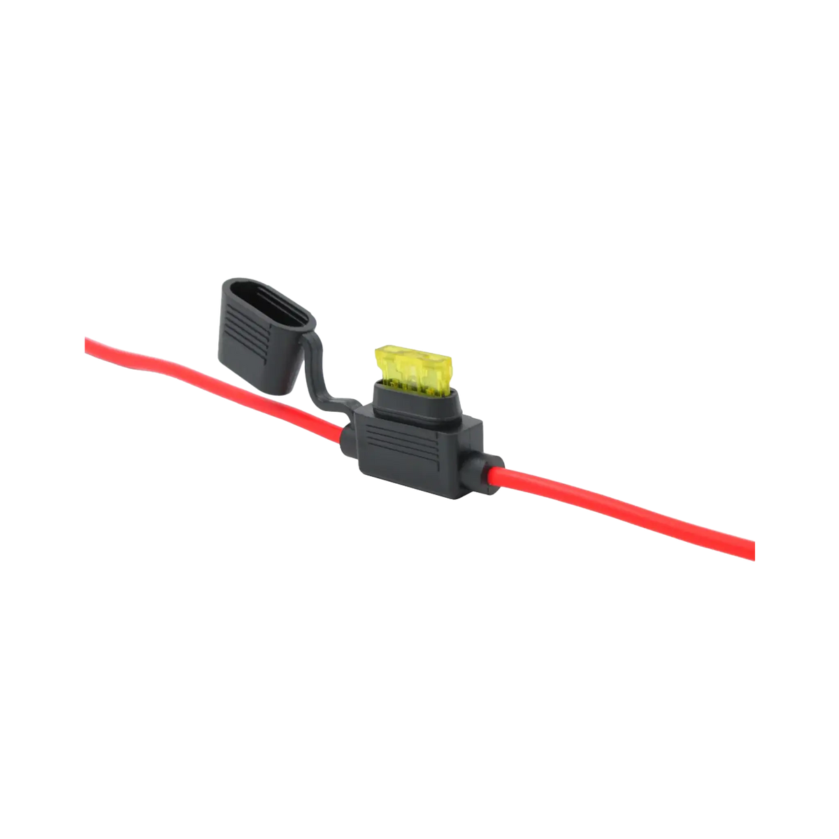Rekcharge 30A inline standard blade fuse holder with its cap open and a yellow fuse fitted.