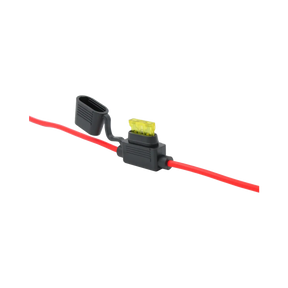 Rekcharge 30A inline standard blade fuse holder with its cap open and a yellow fuse fitted.