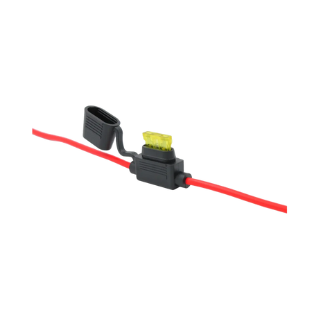Rekcharge 30A inline standard blade fuse holder with its cap open and a yellow fuse fitted.