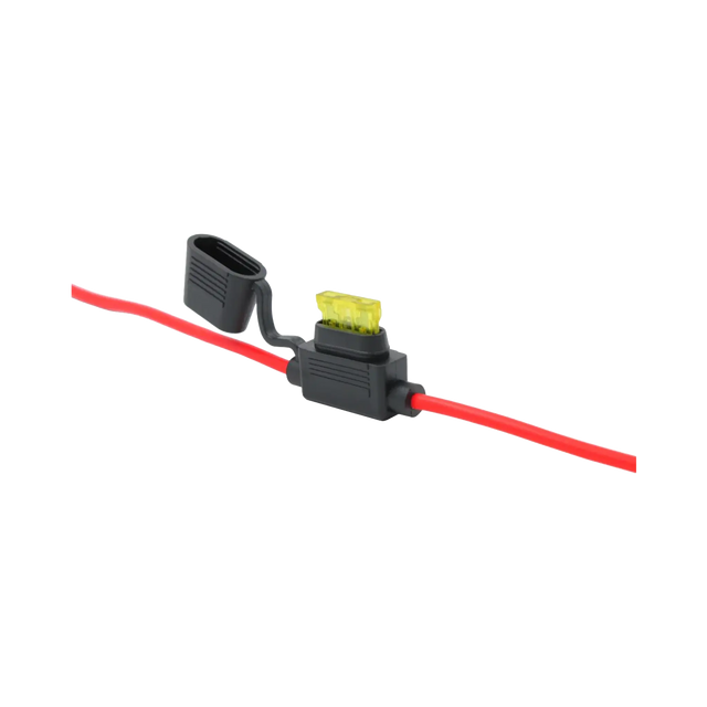 Rekcharge 30A inline standard blade fuse holder with its cap open and a yellow fuse fitted.