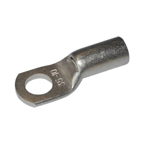 Rekcharge 35mm battery cable lug with a 10mm hole, angled to show its crimp barrel and stamped size.