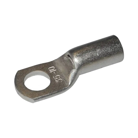 Rekcharge 35mm battery cable lug with a 10mm hole, angled to show its crimp barrel and stamped size.