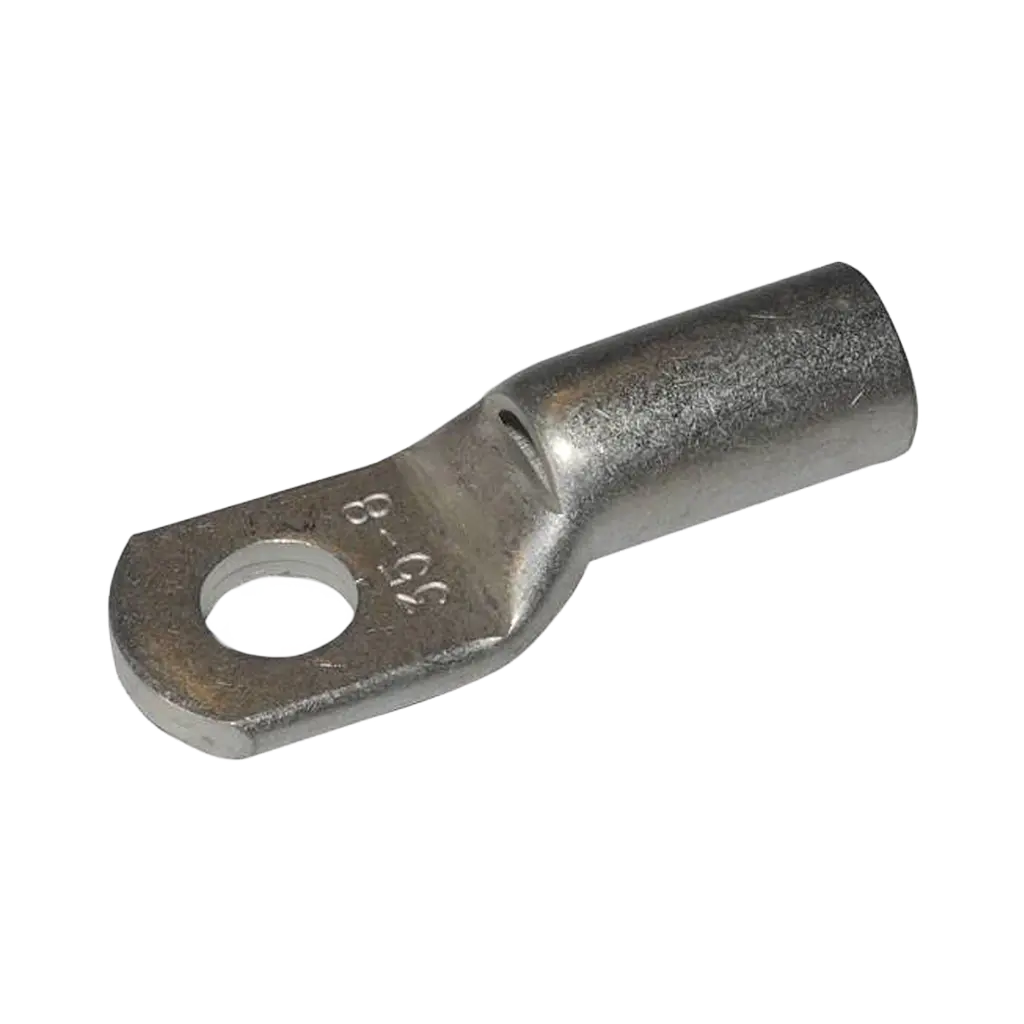 Rekcharge 35mm battery cable lug with an 8mm hole, angled to show its crimp barrel and stamped size.