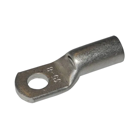 Rekcharge 35mm battery cable lug with an 8mm hole, angled to show its crimp barrel and stamped size.