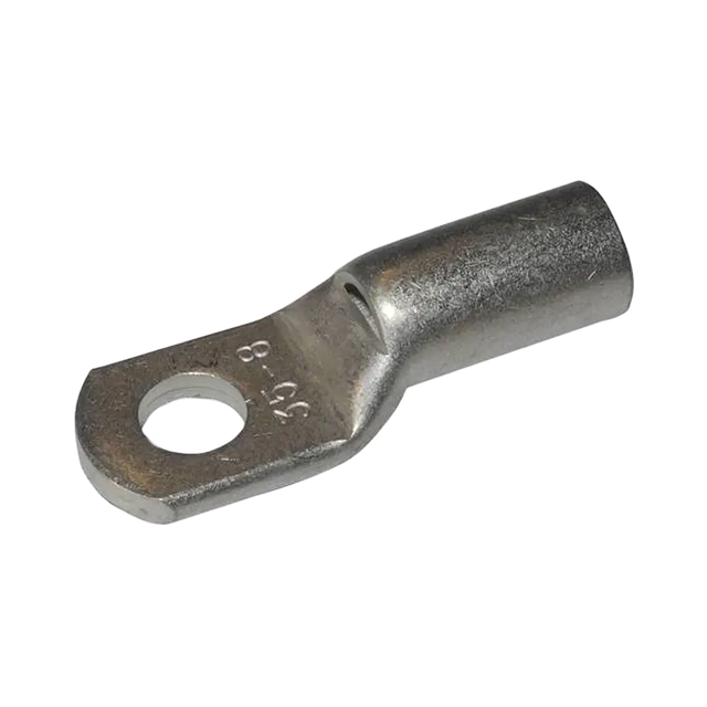 Rekcharge 35mm battery cable lug with an 8mm hole, angled to show its crimp barrel and stamped size.