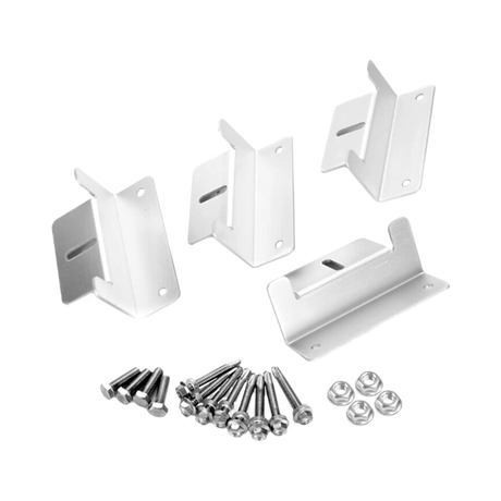 Rekcharge 4 piece aluminium solar mounting kit with brackets stood at different angles beside the screws and bolts.