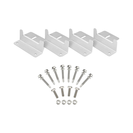 Rekcharge 4 piece aluminium solar mounting kit with brackets in a row and screws and bolts laid out.