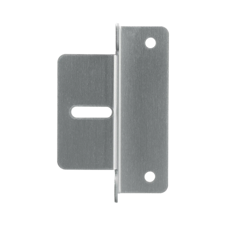 Rekcharge aluminium solar panel mounting bracket straight on view with an elongated slot and two round holes.
