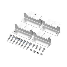 Rekcharge 4 piece aluminium solar mounting kit with four brackets and screws and bolts laid out in a straight row.