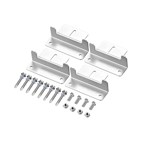Rekcharge 4 piece aluminium solar mounting kit with four brackets and screws and bolts laid out in a straight row.
