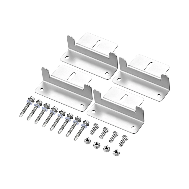 Rekcharge 4 piece aluminium solar mounting kit with four brackets and screws and bolts laid out in a straight row.